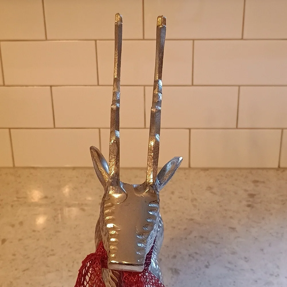 Pier 1; 14 Inch Silver Metal Reindeer Figurine & Red Scarf And Felt Pads On 🐾